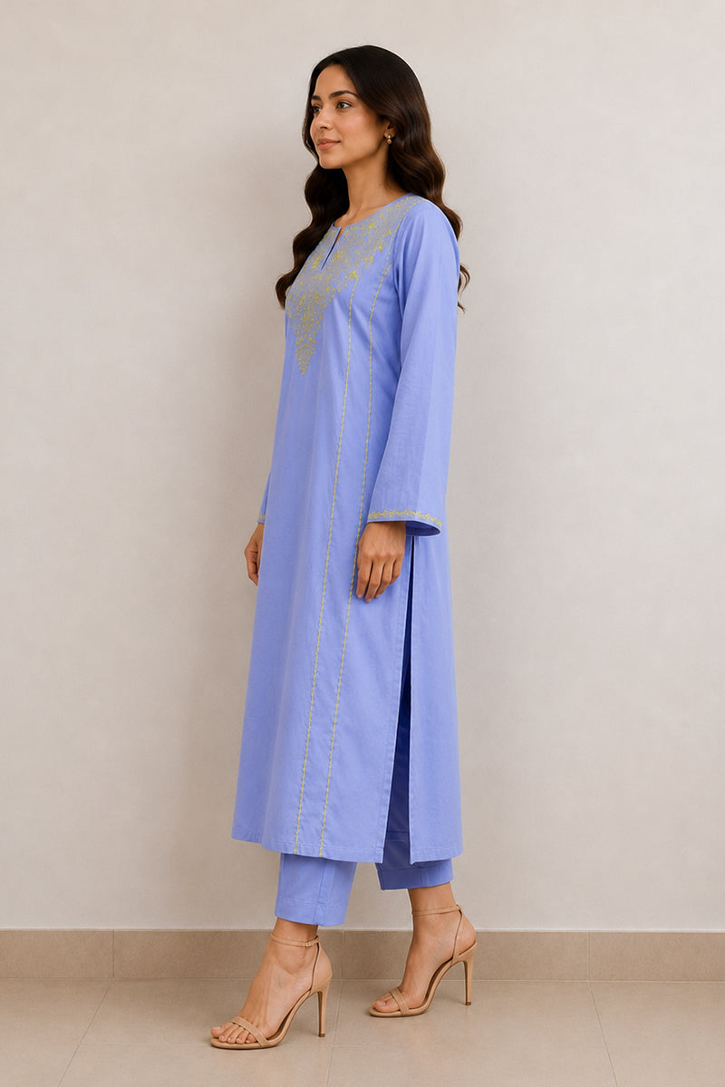 A woman modeling a light blue kurta and matching pants set with silver embroidery, standing against a plain beige wall.