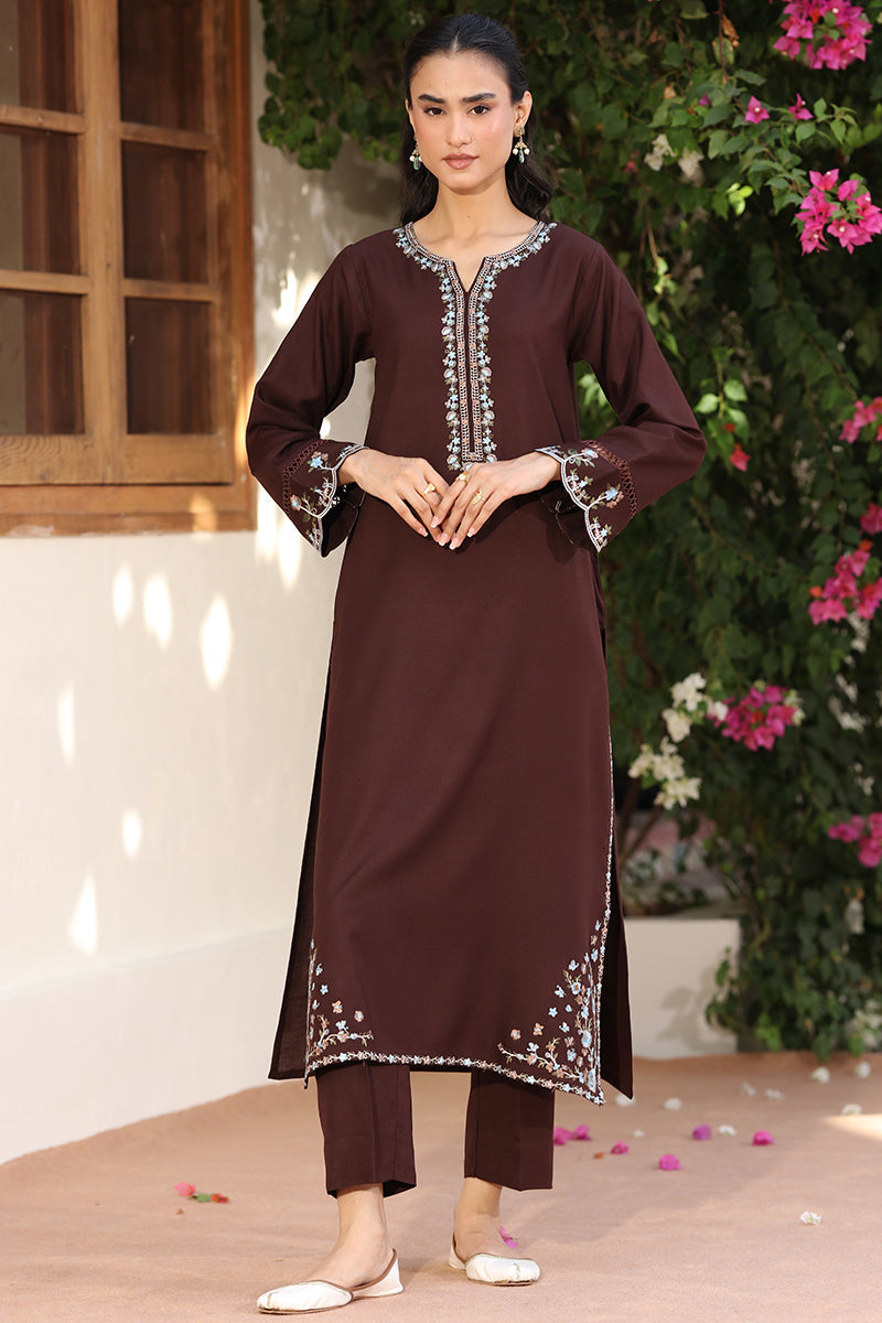 A woman models a dark brown long kurta set with silver mirror work embroidery on the neckline, cuffs, and hem, paired with matching brown trousers, set against a background of green foliage and pink flowers.