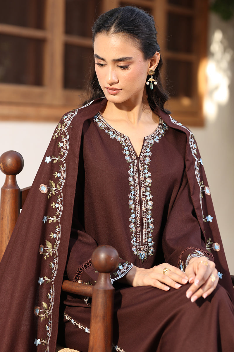 A woman seated on a wooden chair wearing a dark brown traditional outfit with ornate silver and white embroidery along the neckline, sleeves, and draped outer layer. The setting appears to be indoors with warm wooden window framing in the background.
