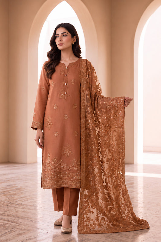 A woman models a traditional three-piece salwar kameez suit in a warm rust-brown color, featuring an embroidered long kurta, matching trousers, and a sheer embroidered dupatta, set against an elegant arched hallway.